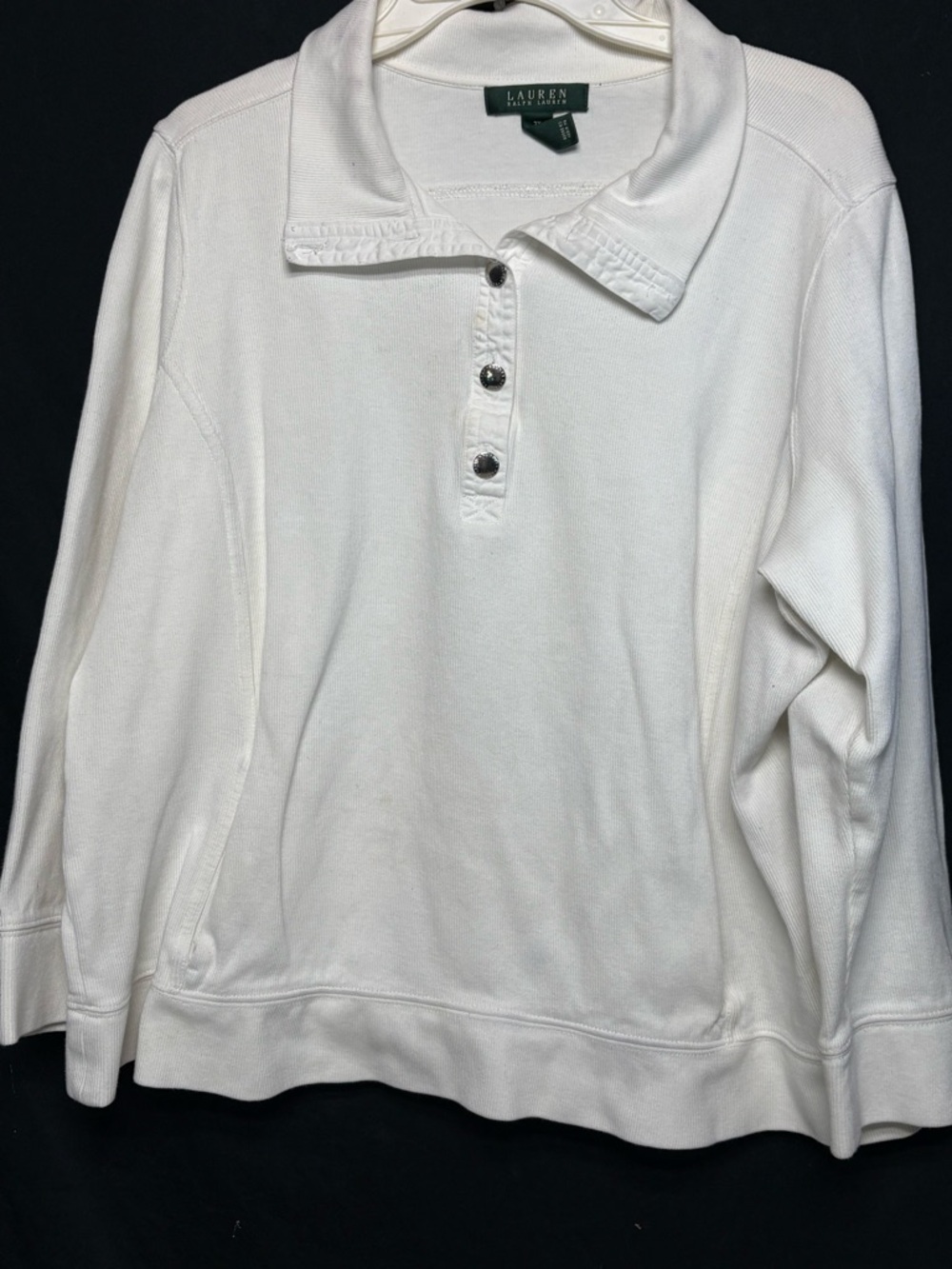 Lauren Ralph Lauren White Ribbed Cotton Polo Pullover Kangaroo Pockets 2X